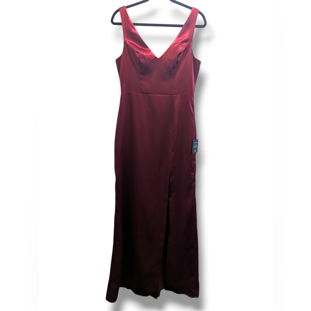 Lulu's Forever Special Burgundy Satin Sleeveless Tie-Back V-neck Maxi Dress- M - Picture 5 of 14
